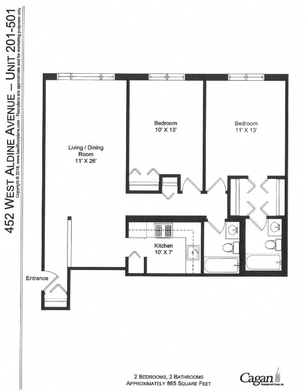 Floor plan for 2 beds, 2 baths, 865 sqft